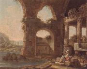 unknow artist, An architectural capriccio with washerwomen by a river
